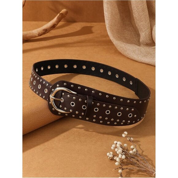 Women\'s Studded Belts Y2k Punk PU Leather Vintage Western Cowgirl Belts Coffee